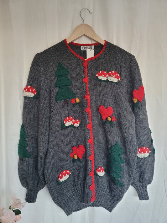 Mushroom Meadow 🍄 - vintage cardigan with mushrooms, pinetrees and hearts - size L