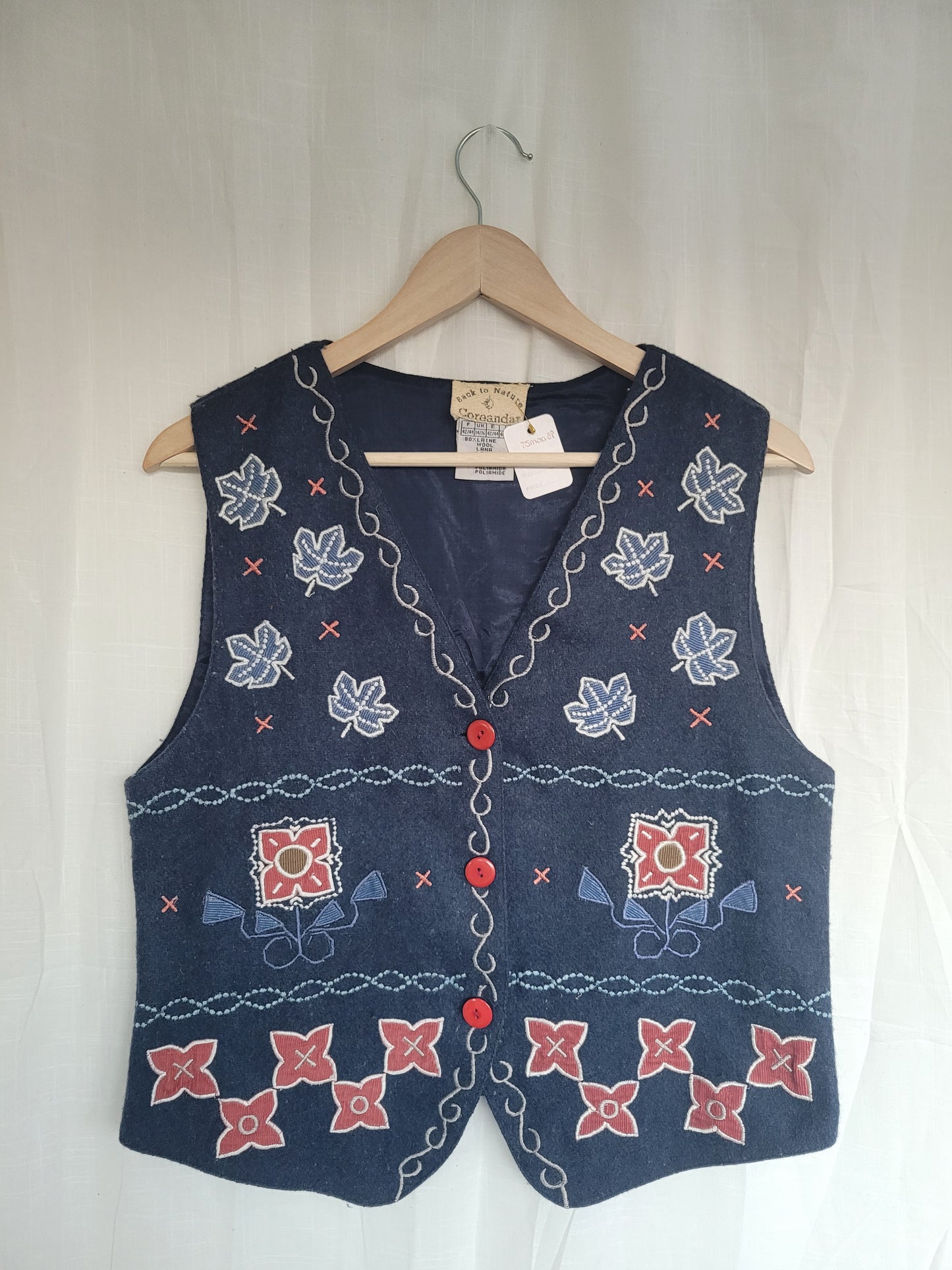 Leaves in the Wind π - vintage vest with embroidered leaves and shapes - size M