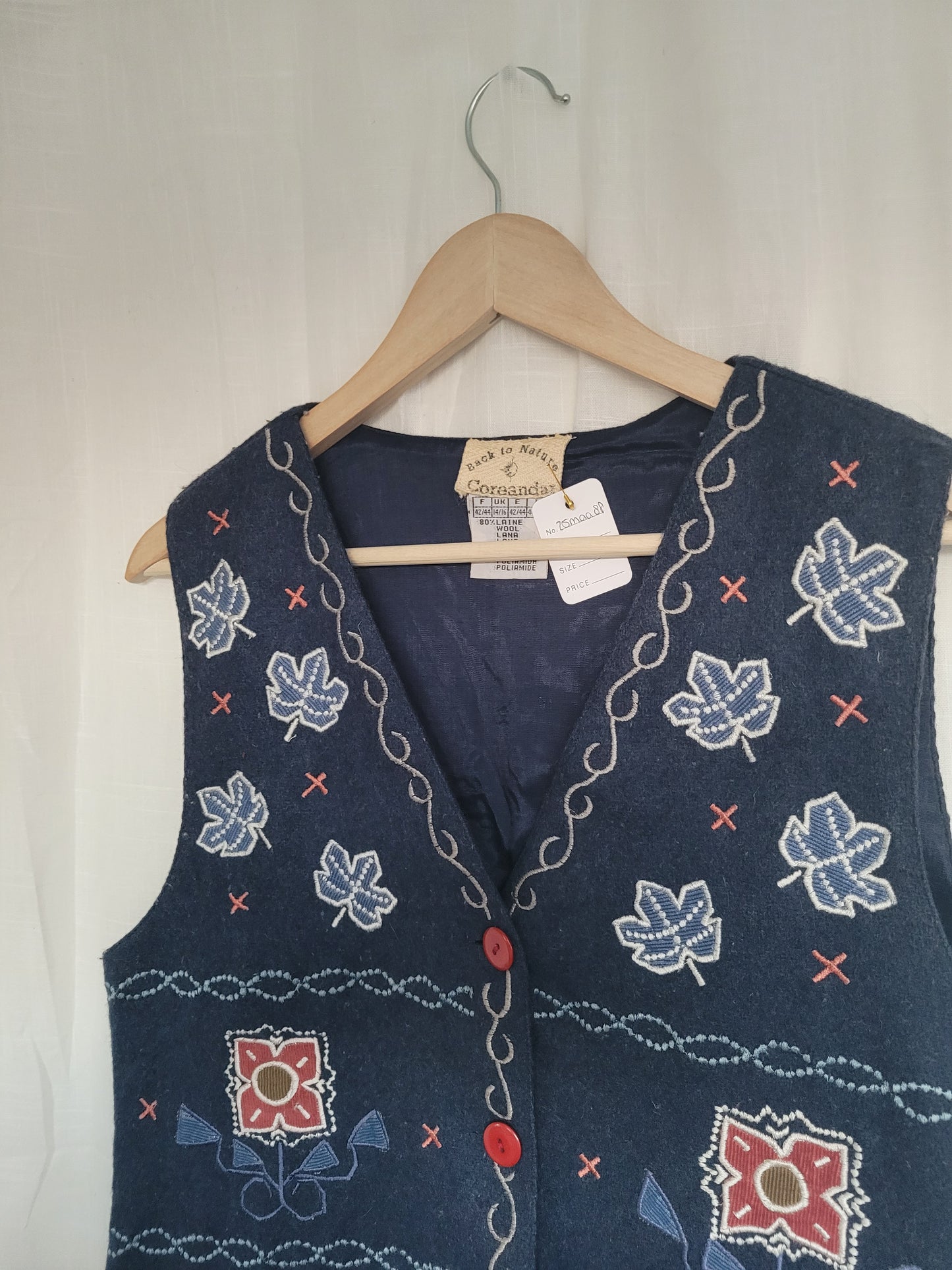 Leaves in the Wind π - vintage vest with embroidered leaves and shapes - size M