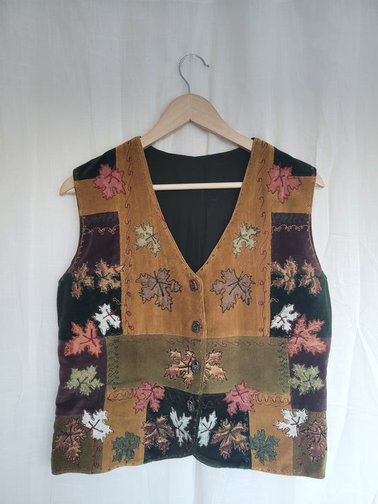 Velvet Leaves π° - vintage velvet vest with embroidered/patchwork leaves - size M/L