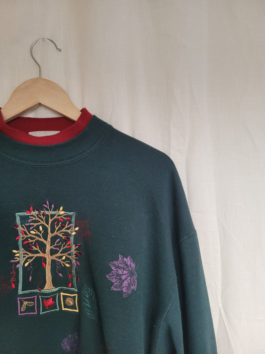 The Whispering Tree π - darkgreen crewneck sweater with embroidered tree - size L/XL