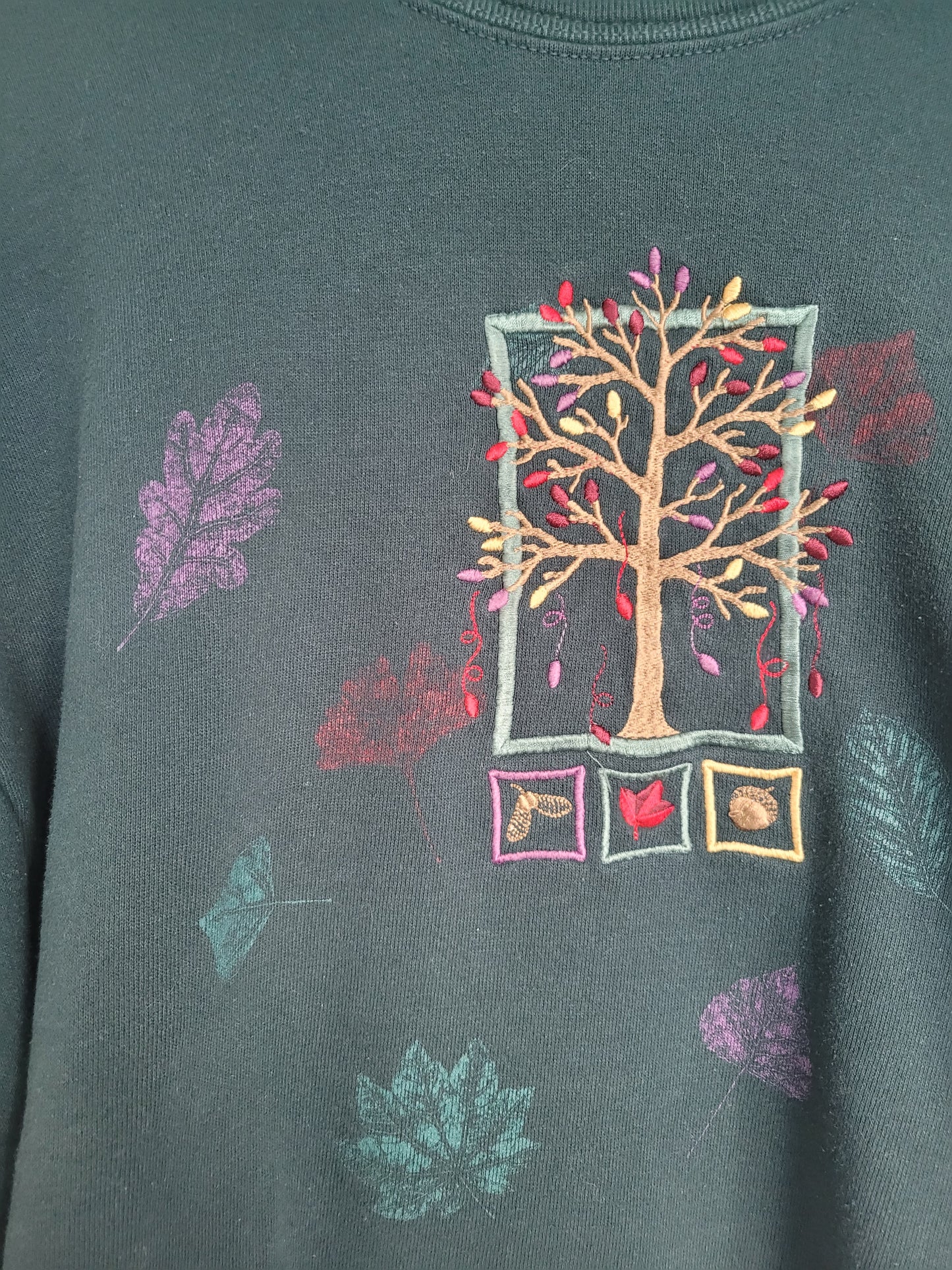The Whispering Tree π - darkgreen crewneck sweater with embroidered tree - size L/XL
