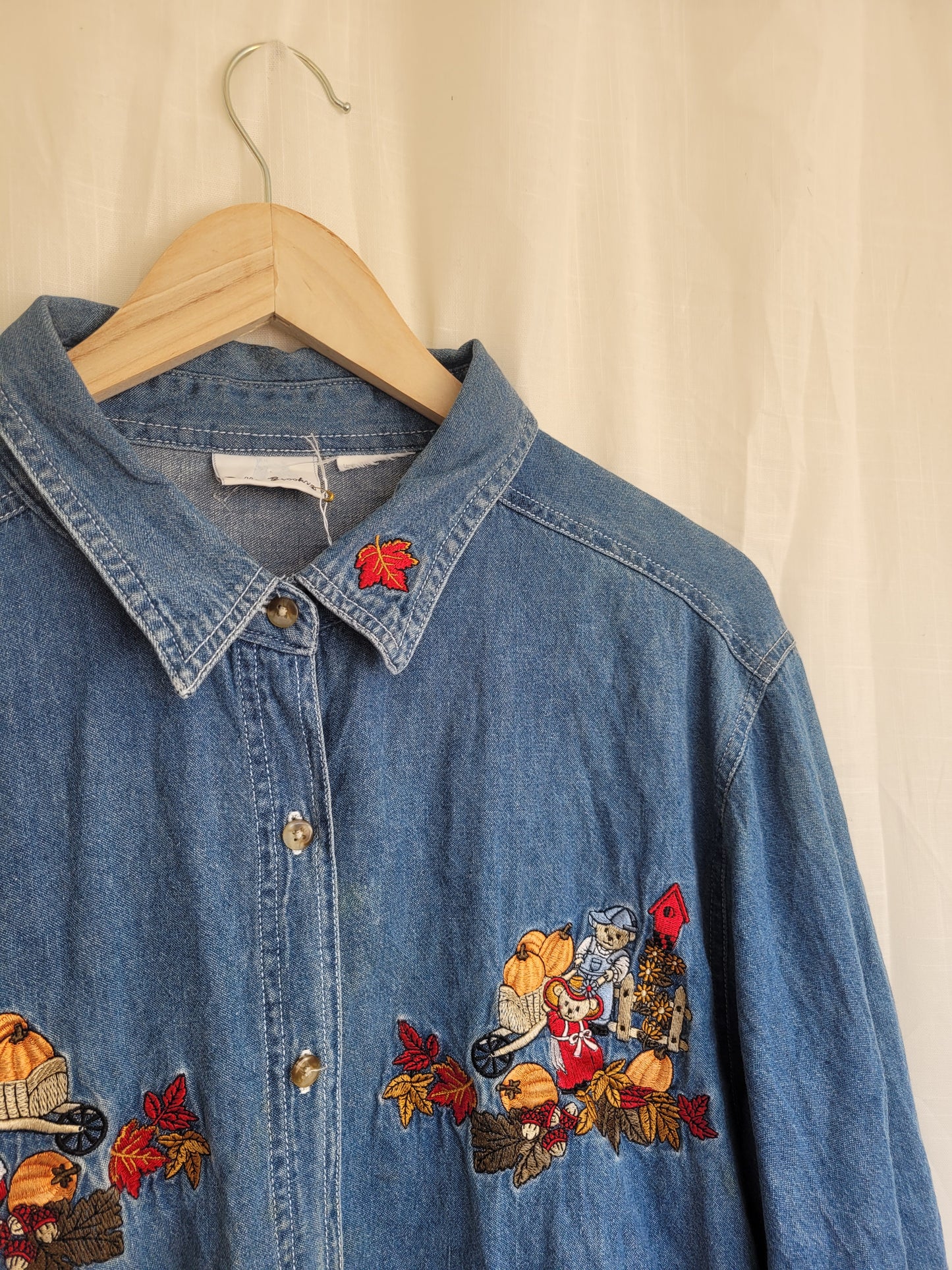 Pumpkin Patch Tales π» - vintage denim blouse with embroidered pumpkin picking bears - size XL
