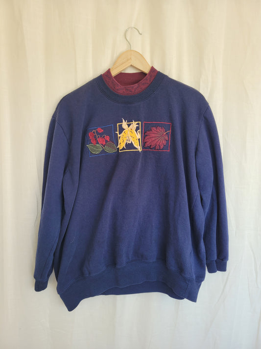 Harvest Hues 🍂 - vintage dark blue crewneck sweater with autumn embroidery - size M/L
