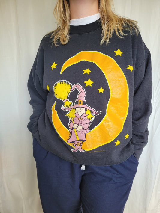 Moonlight Spellbound 🔮 - vintage crewneck sweater with witch in moon image - size XL