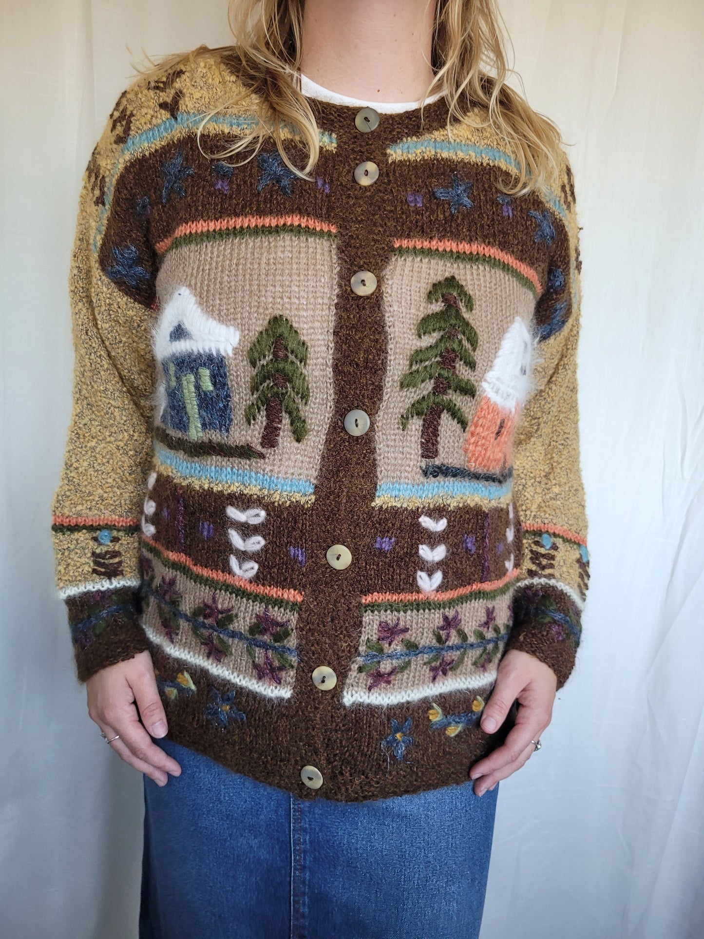 πΎ Tales of the Countryside - vintage knitted cardigan with embroidered village details - size L