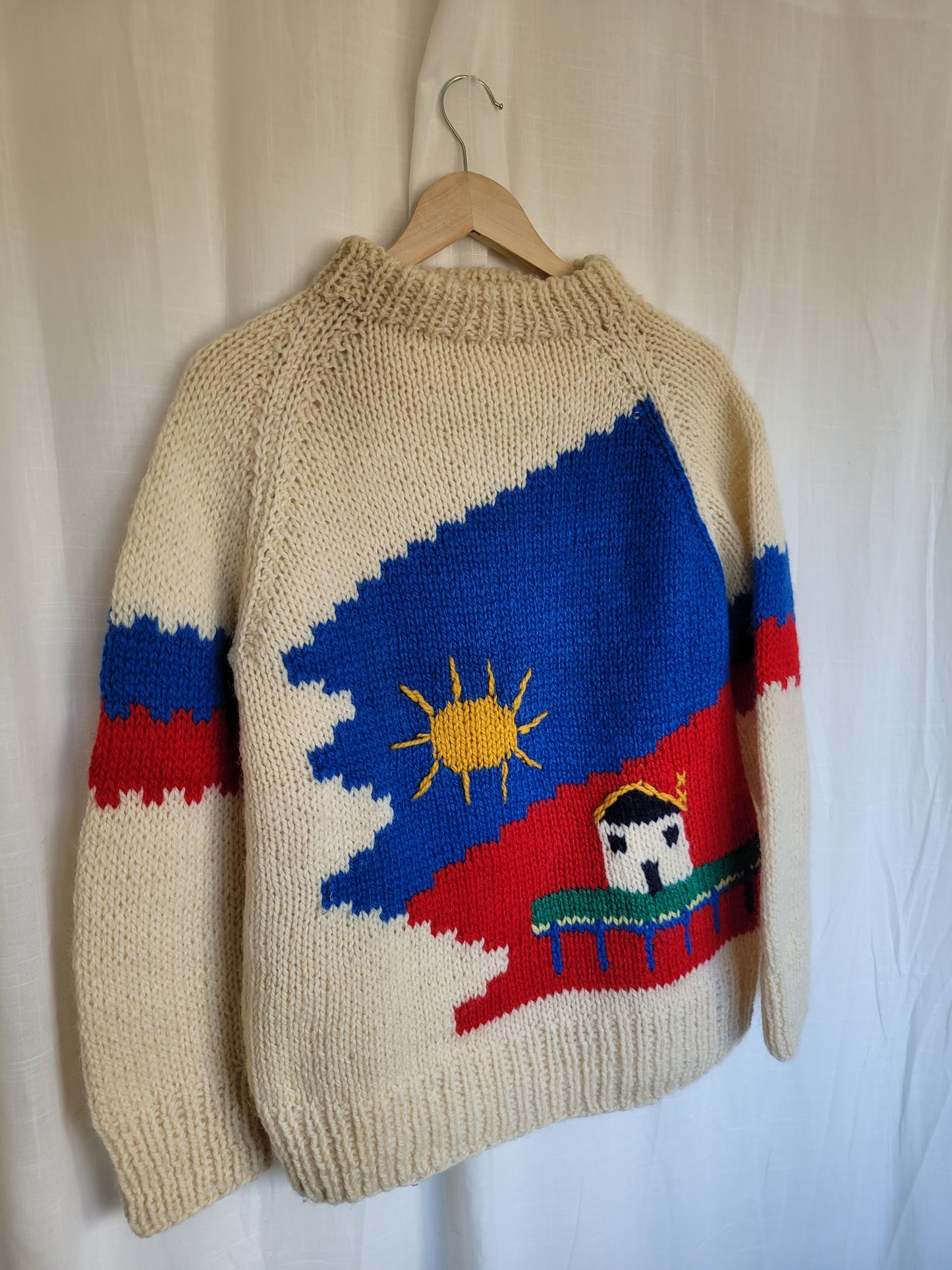 π The Sunny Porch - funky chunky handmade knitted sweater with cottage details - size M