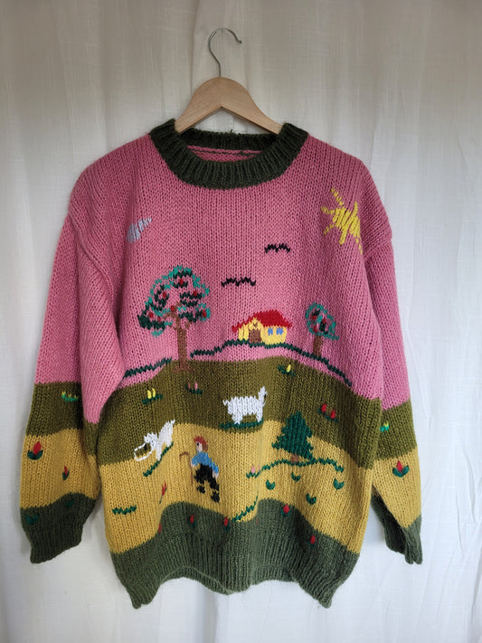 π Woolly Whimsy - funky chunky pink/green knitted sweater - size XL/XXL