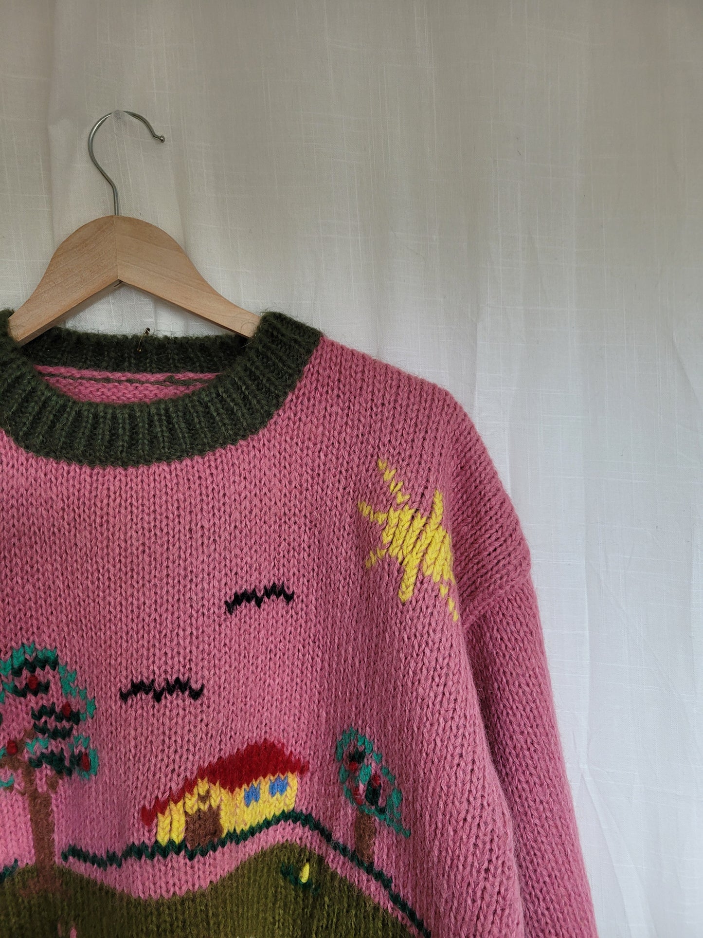 π Woolly Whimsy - funky chunky pink/green knitted sweater - size XL/XXL
