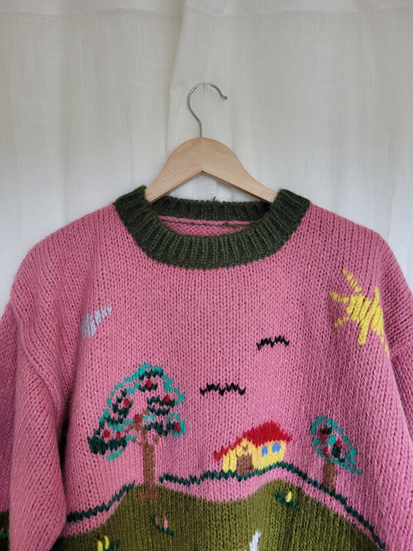 π Woolly Whimsy - funky chunky pink/green knitted sweater - size XL/XXL