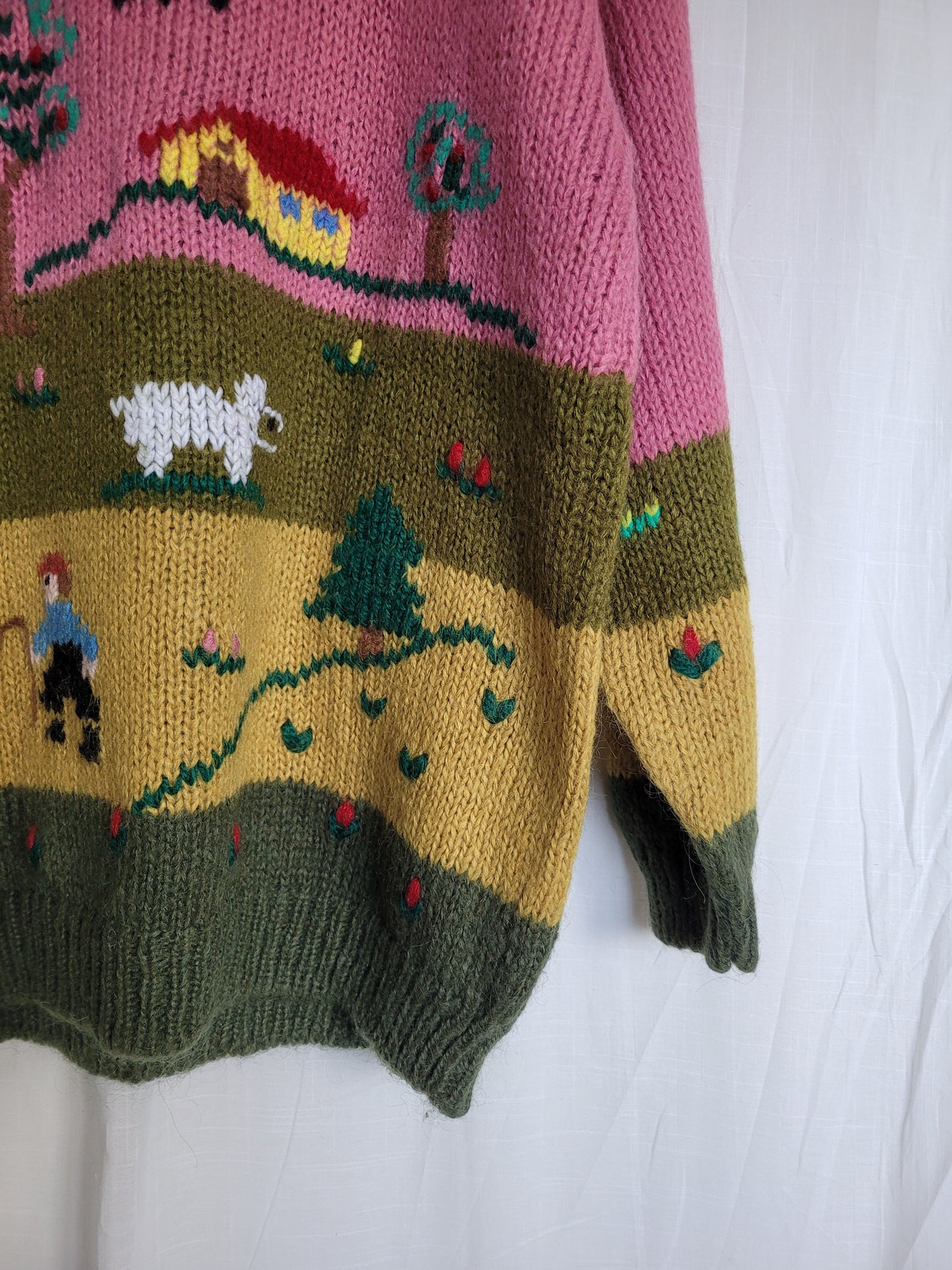 π Woolly Whimsy - funky chunky pink/green knitted sweater - size XL/XXL