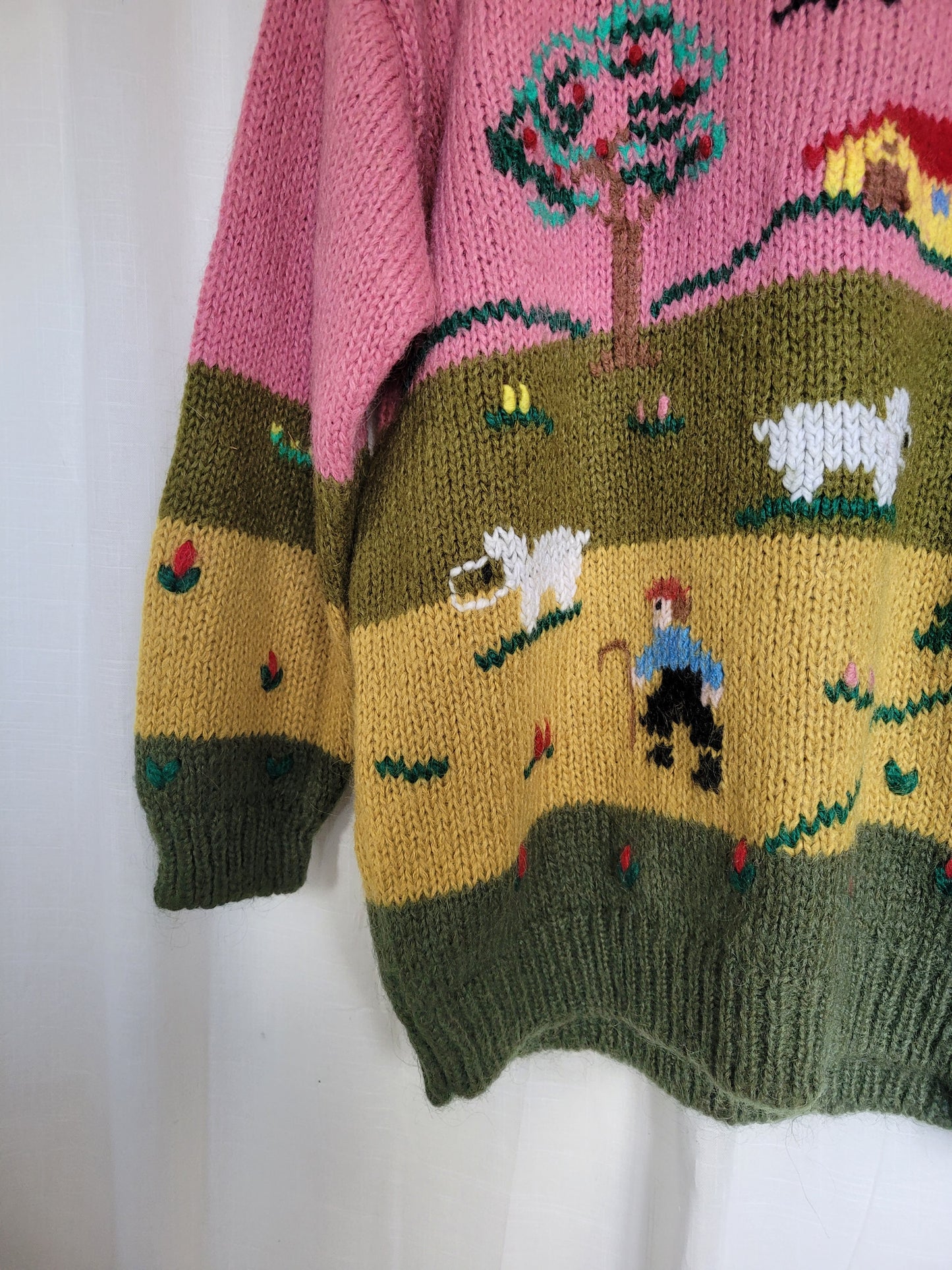 π Woolly Whimsy - funky chunky pink/green knitted sweater - size XL/XXL