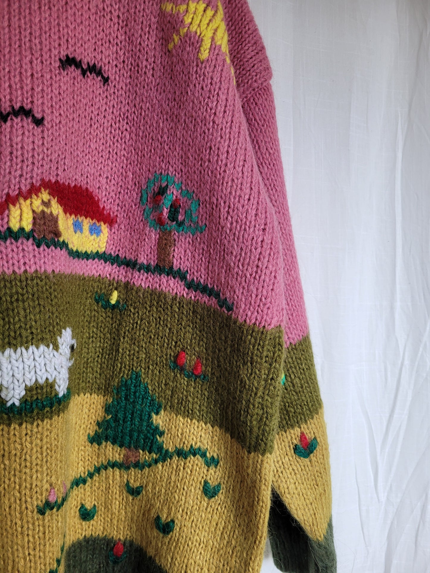 π Woolly Whimsy - funky chunky pink/green knitted sweater - size XL/XXL
