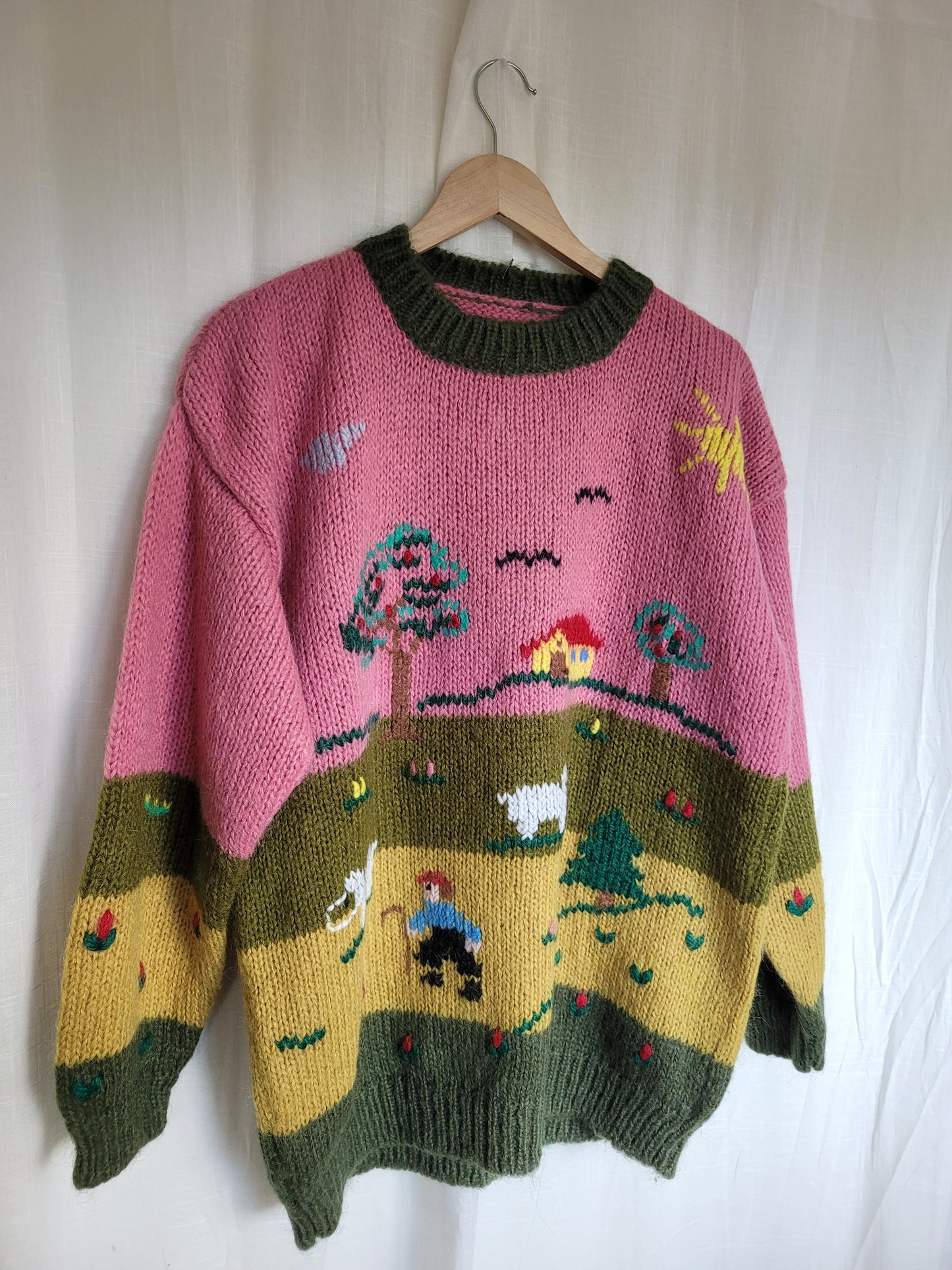 π Woolly Whimsy - funky chunky pink/green knitted sweater - size XL/XXL