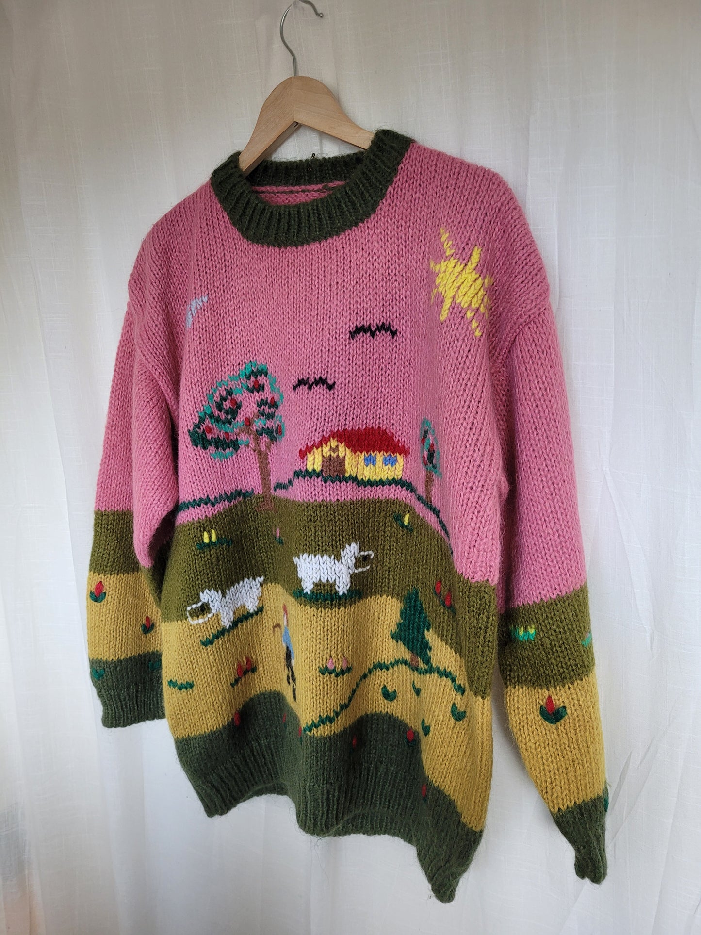 π Woolly Whimsy - funky chunky pink/green knitted sweater - size XL/XXL