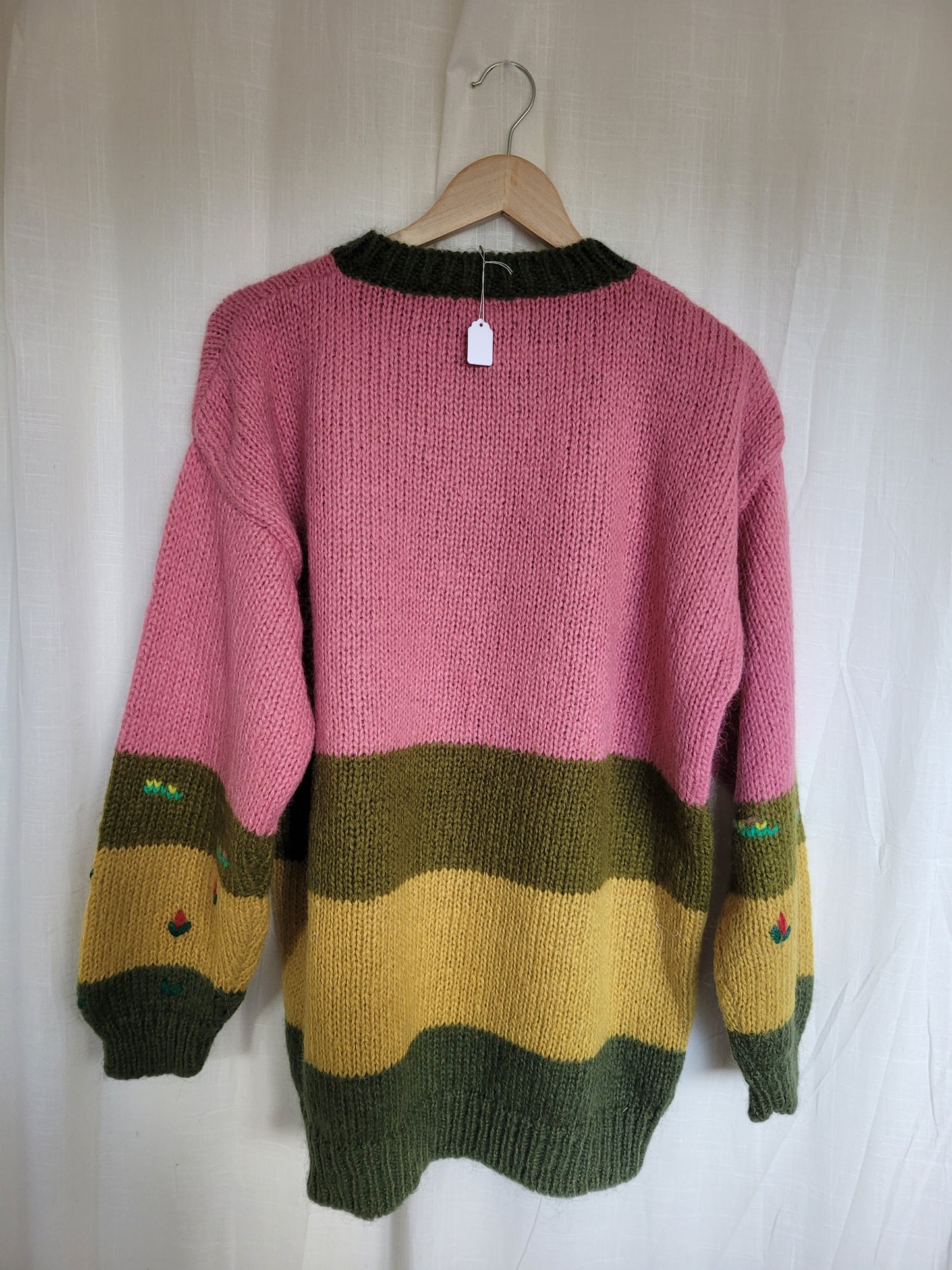 π Woolly Whimsy - funky chunky pink/green knitted sweater - size XL/XXL