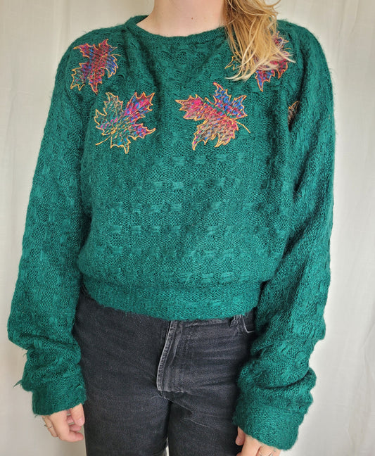 ๐ Leaves & Forest Dreams - vintage green, cropped, knitted sweater with patchworn leaves - size L/XL