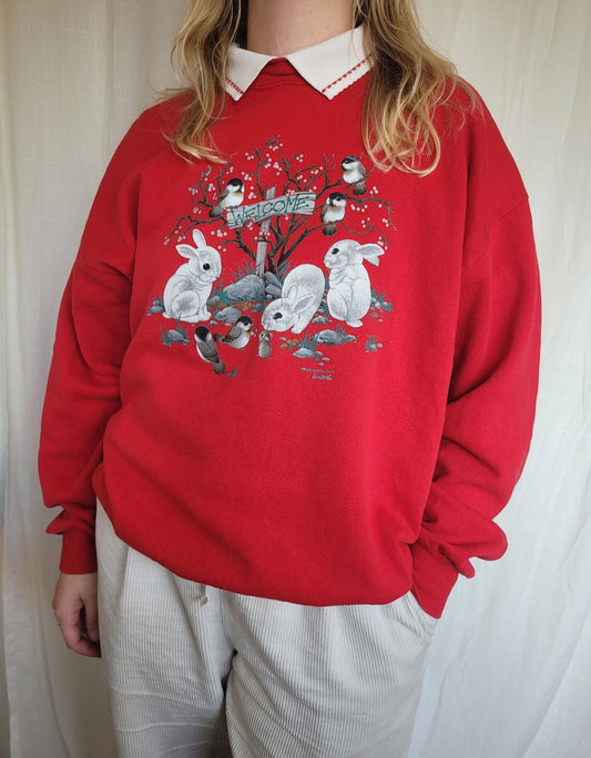 ๐ Sweet Sunday Memories - vintage crewneck sweater with bunnies and birds - size XL