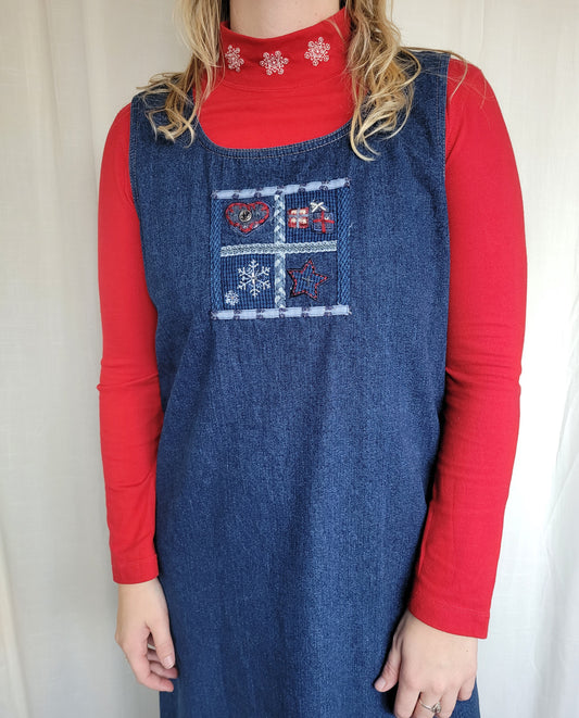 🎁 Gifted Squares - vintage denim pinafore dress with embroidered details - size L