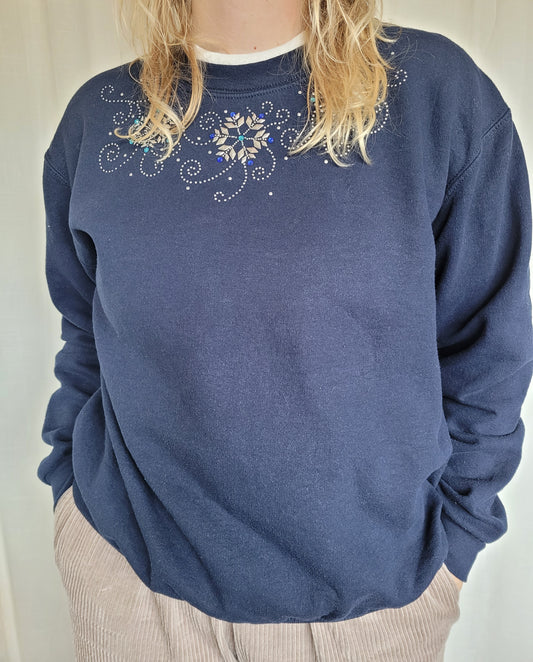 ❄️ Blue Frost Gems - vintage dark blue crewneck sweater with snowflakes - size L