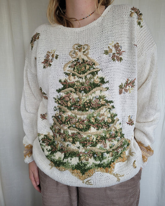 🎶 O Christmas Tree, O Christmas Tree - vintage knitted Christmas sweater with Christmas tree - size L/XL