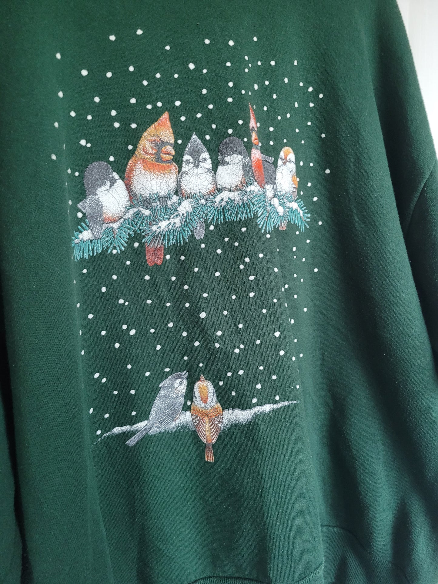 βοΈ Snowflake Songbirds - vintage dark green crewneck sweater with bird print - size XL