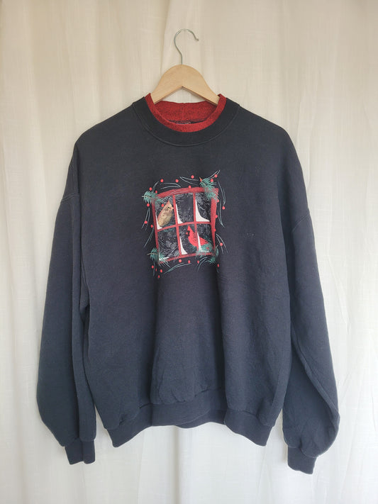 🪟 Snowy Window Watchers - vintage crewneck sweater with printed snowy image - size XL
