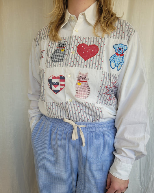 ✨ Hearts & Critters - vintage shirt/blouse with embroidered and patchwork details - size M