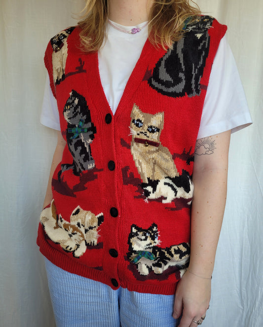 🎀 Bows & Bells - vintage spencer with cat images - size M