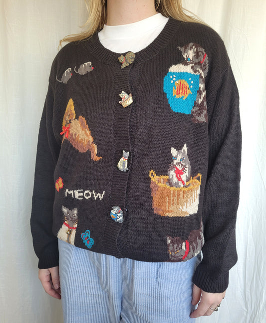 🔔 Purr & Jingle - vintage cardigan with cat images and buttons - size XL/XXL