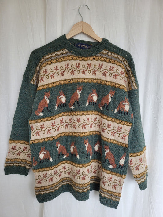 🦊 Woodland Companion - vintage knitted sweater with fox and flower pattern - size M/L
