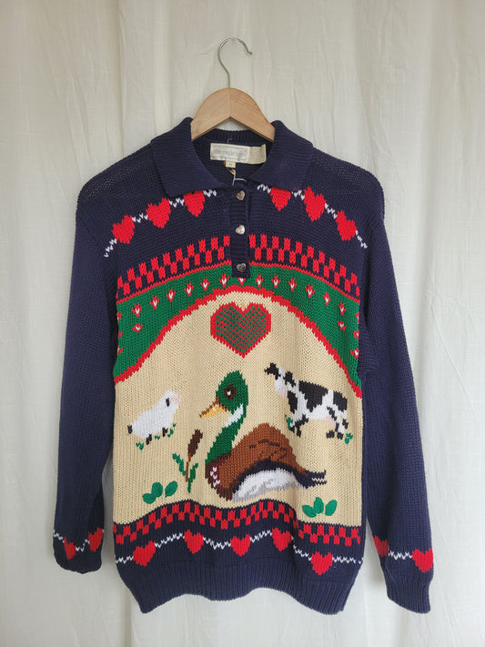 🐑 Country Creatures - vintage knitted sweater with country animals (Perfectly Imperfect) - size M