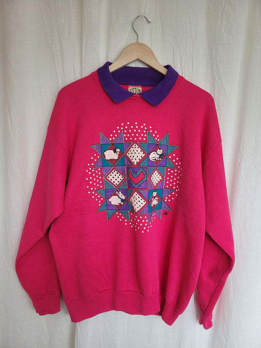 🐾 Quilted Creatures Club - vintage crewneck sweater with images of animals - size L/XL