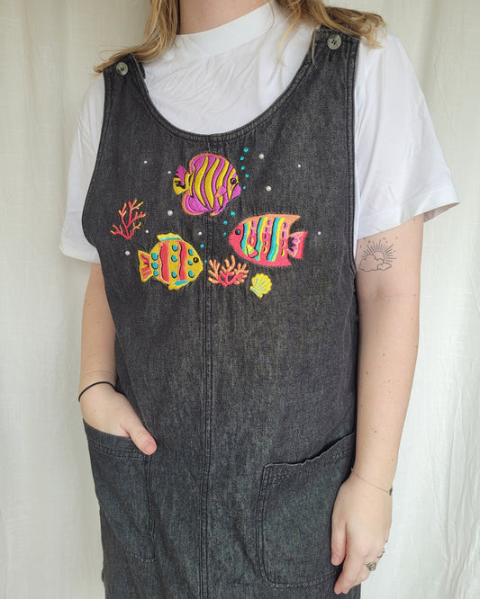 🐚 Under the Sea - vintage denim jumper dress with embroidered fish - size L/XL