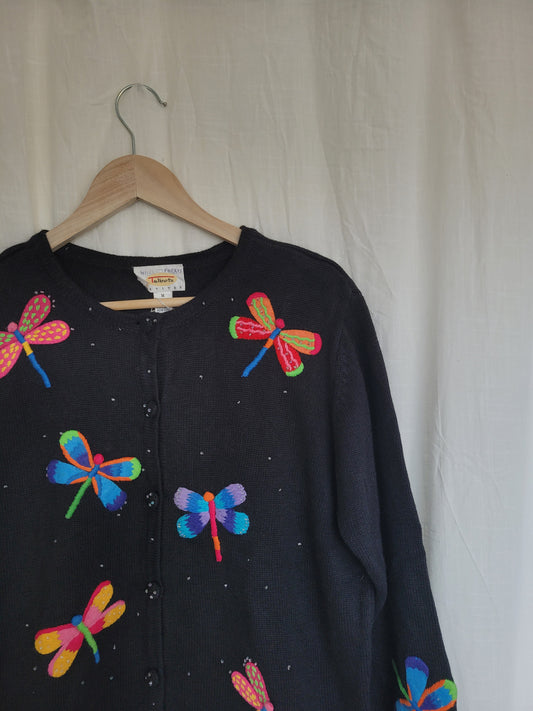 ✨ Midnight Dragonfly - vintage cardigan with colorful dragonflies - size M