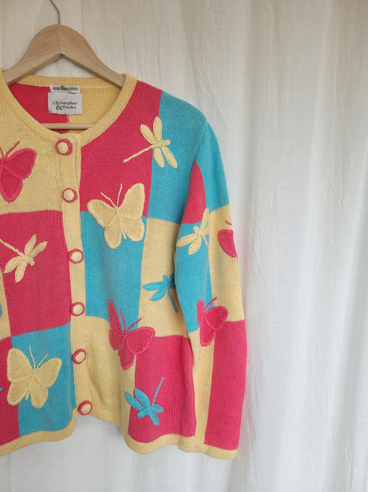 🦋 Multicolor Wings - vintage cardigan with butterfly and dragonfly images- size M