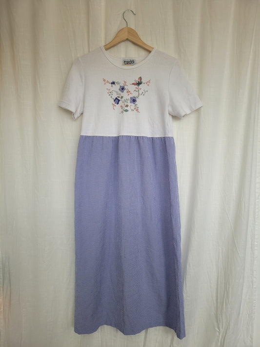 🌸 Blue Meadow - vintage dress with butterfly image and gingham skirt - size S/M