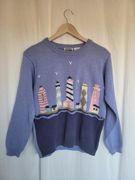 🌊 Seaside Watch - vintage knitted sweater with lighthouses - size S