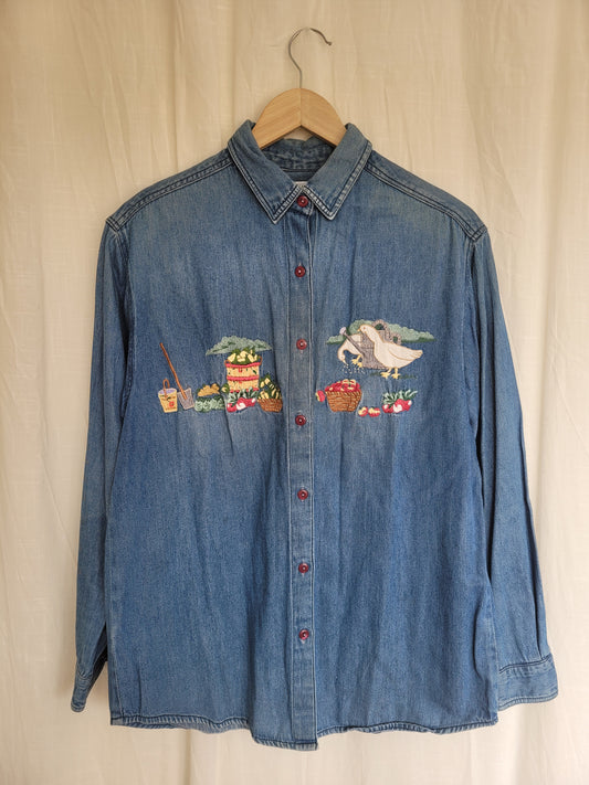 ๐ Freshly Picked - vintage denim shirt with embroidered harvest details - size M/L