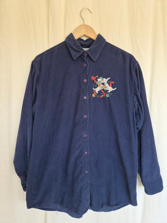 π Whiskers at Play - vintage navy blue corduroy shirt with embroidered cats - size L