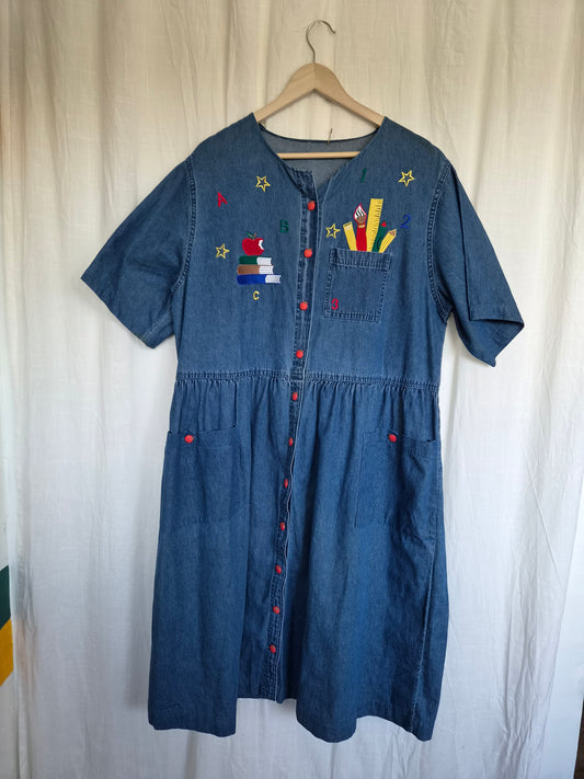 π The Bookworm's Uniform - vintage denim dress with embroidered school details (Perfectly Imperfect) - size XL/XXL
