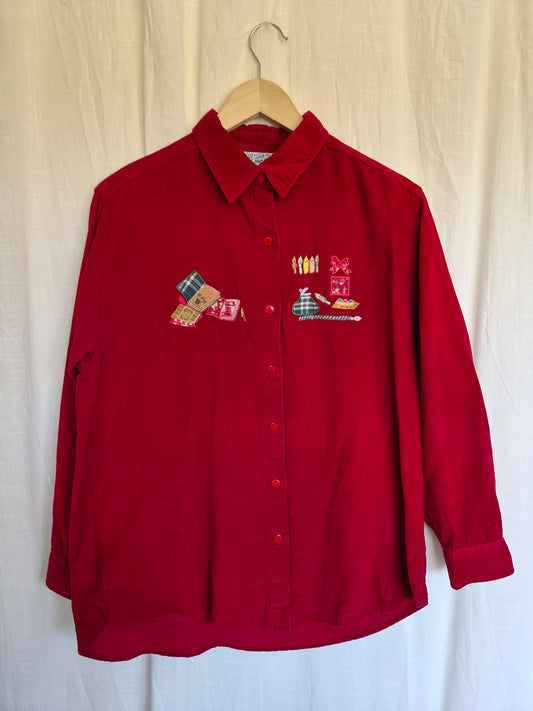 βοΈ Notes from the Old Library - vintage red corduroy blouse with embroidered books and pens - size M/L