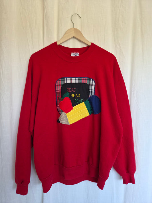 π Read Read Read - vintage red crewneck sweater with patchwork school details - size XL