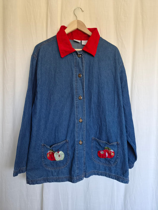 π The Teacher's Favourite - vintage long denim shirt with red corduroy collar and embroidered apples - size L/XL