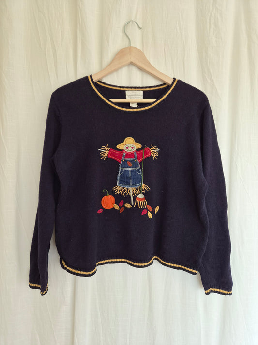 π The Little Harvest Keeper - vintage knitted sweater with patchwork scarecrow on the front and back - size M