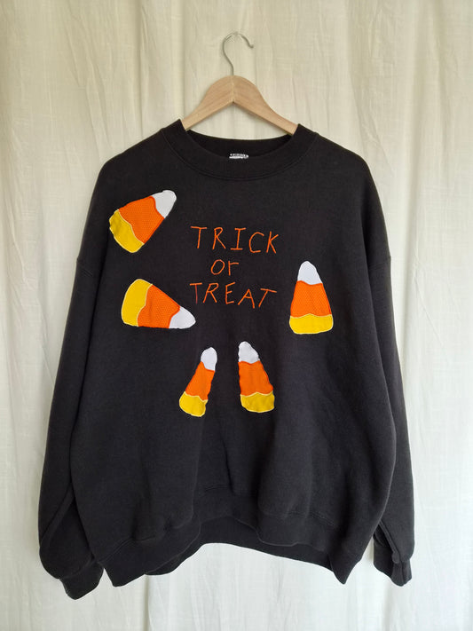 ðŽ Trick or Treat - vintage black crewneck Trick or Treat sweater with patchwork candycorn - size XL