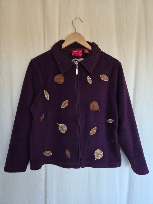 π The Midnight Forager - vintage purple fleece cardigan with embroidered leaves - size M
