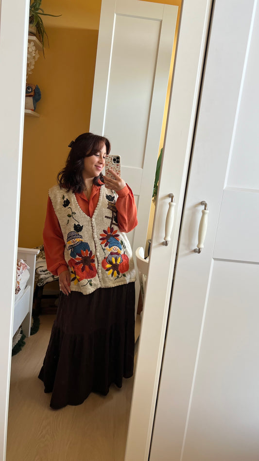π Welcome to the Pumpkin Patch - vintage vest with embroidered and patchwork autumn details (Perfectly Imperfect) - size XL