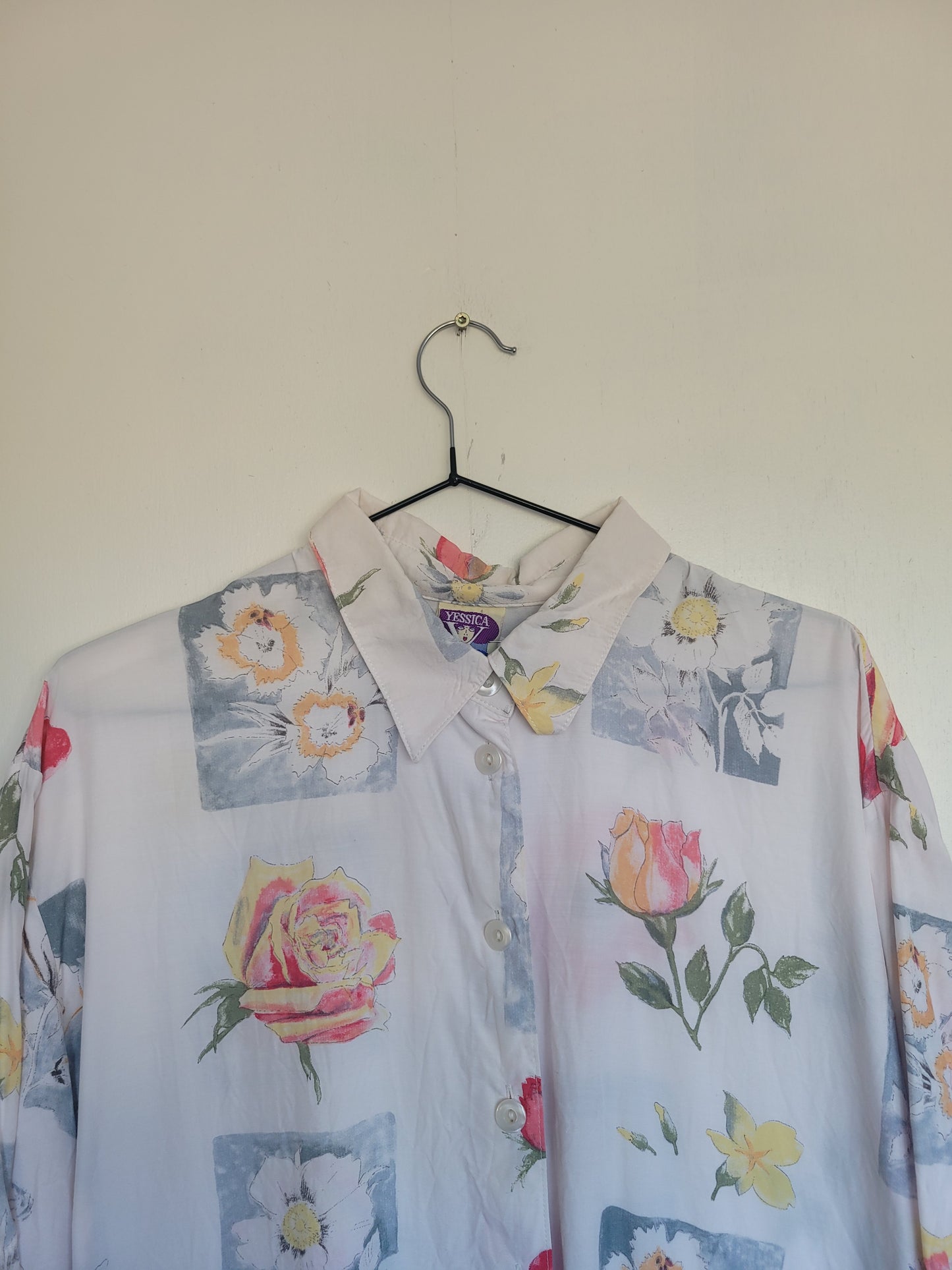 Just a Sketch - vintage blouse met geschetste bloemen afbeeldingen - maat XL