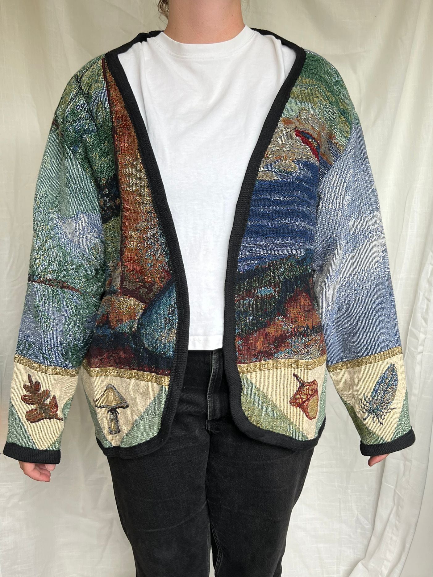Still Waters - vintage tapestry jasje met aan de achterkant twee stoelen langs het water - maat L/XL